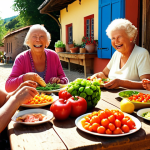 Elderly people in a vibrant, sunlit village, sharing a healthy meal of fresh vegetables and fruits at a wooden table. Focus on their joyful expressions and the colorful food.