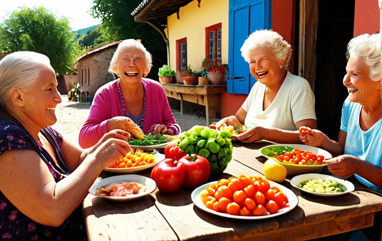Elderly people in a vibrant, sunlit village, sharing a healthy meal of fresh vegetables and fruits at a wooden table. Focus on their joyful expressions and the colorful food.