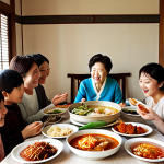 **

A warm, inviting dining table scene featuring an elderly Korean woman surrounded by family (adult children and grandchildren). They are sharing a meal with various traditional Korean dishes (kimchi, vegetables, rice, soup). The focus is on the connection between family members, laughter, and sharing stories during the meal. Soft, natural lighting. Emphasis on the "Jeong" (정) – warm emotion and connection.

**