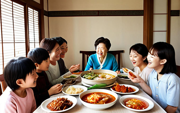 **
A warm, inviting dining table scene featuring an elderly Korean woman surrounded by family (adult children and grandchildren). They are sharing a meal with various traditional Korean dishes (kimchi, vegetables, rice, soup). The focus is on the connection between family members, laughter, and sharing stories during the meal. Soft, natural lighting. Emphasis on the "Jeong" (정) – warm emotion and connection.
**