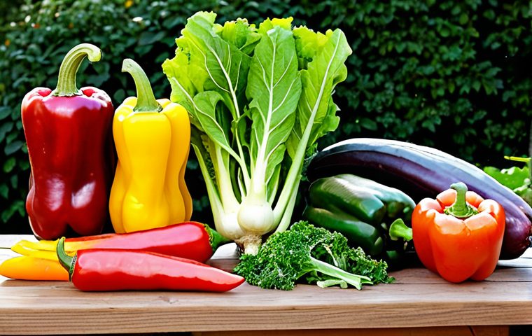 **
"A vibrant and diverse selection of fresh, colorful vegetables arranged on a wooden table, showcasing a healthy meal. The vegetables include leafy greens, root vegetables, and bell peppers. In the background, a home garden is visible. Safe for work, appropriate content, fully clothed, professional, modest, family-friendly, perfect anatomy, correct proportions, natural pose, well-formed hands, proper finger count, natural body proportions."
**